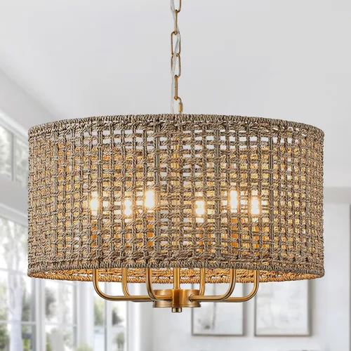 Vista 9 de Lámpara de araña de ratán bohemio de 20 pulgadas para comedor, 5 luces tejidas a mano de ratán natural con cadena ajustable, enchufes E12