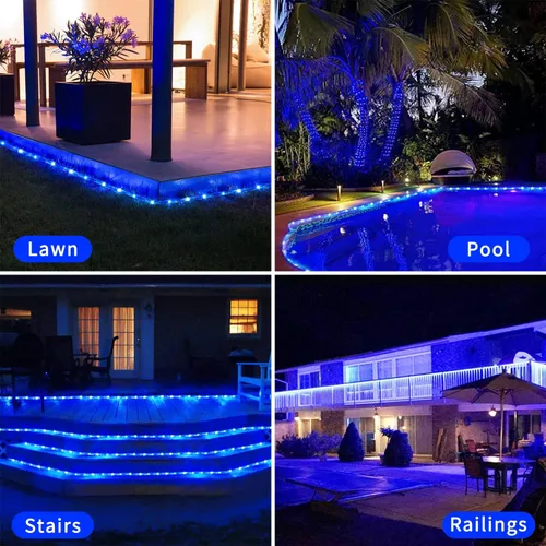 Vista 2 de Guirnalda de 100 luces LED de 33 pies, funciona con pilas, impermeable, funciona con pilas, luces de piscina al aire libre, 8 modos de luces azules