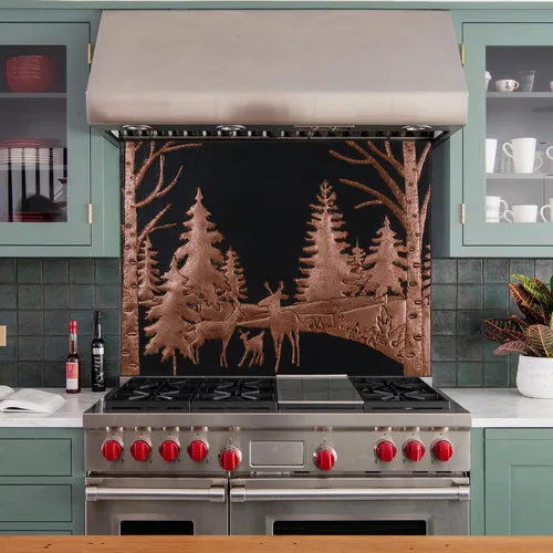 Vista 5 de Protector contra salpicaduras de cocina, escena del bosque con protector contra salpicaduras de cobre de la familia de ciervos, panel de cobre