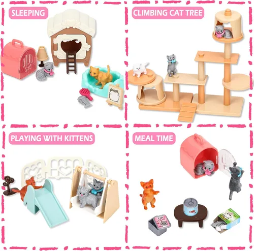 Vista 4 de SweetAce 43 piezas de juguetes de gato para niños, juego de simulación, set de juego de figuras de gato, juguete para niños pequeños, juego de rol