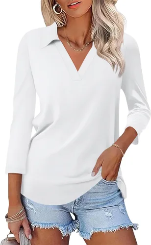 Vista 36 de TICTICMISS - Camisas polo de cuello en V para mujer, manga 3/4, con cuello, tops casuales de negocios, tops de verano a la moda, holgados