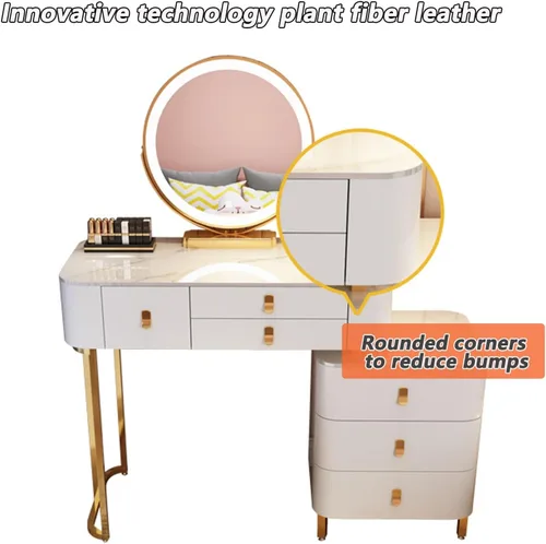 Vista 6 de Tocador, tocador de maquillaje con taburete acolchado, tocador con espejo iluminado LED y mesa auxiliar, mesa de maquillaje con 3 cajones