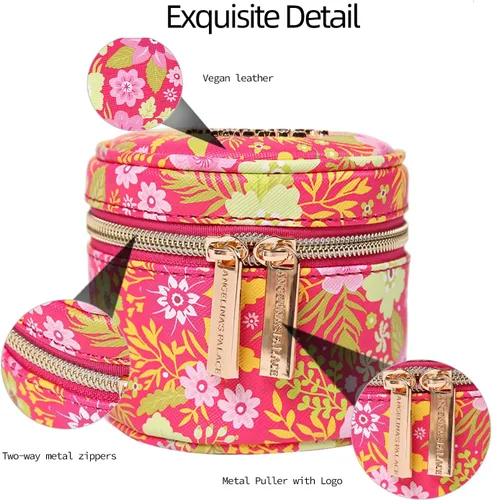 Vista 2 de Angelina's Palace Round Jewelry Organizer Case Travel Bag Bridesmaid Gifts Vegan Leather Box for Necklace Earring Bracelet Ring(blossom fuschia)
