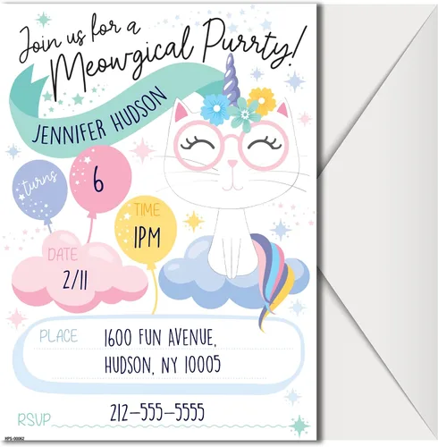 Vista 2 de Invitaciones de fiesta de cumpleaños de Caticorn con sobres (paquete de 20) - Invitaciones de fiesta temática de Caticornio para niñas, niños, niños