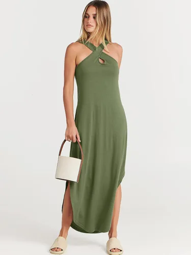 Vista 8 de ANRABESS Vestido largo casual de verano para mujer, con tirantes cruzados, sexy, abertura lateral, sin mangas, suelto, para playa, con bolsillos