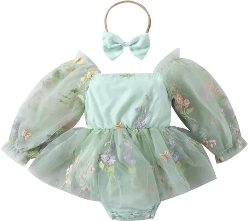 Vista 10 de IDOPIP Conjunto de 2 piezas para bebé recién nacido, con diadema, bordado de flores, tutú, princesa, fiesta de cumpleaños, conjunto de ropa