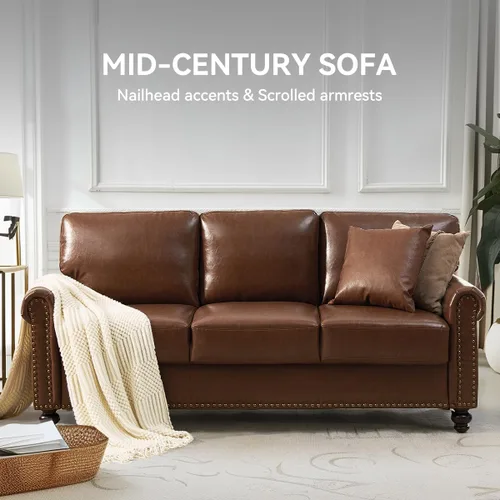Vista 3 de Sofá de 80" de cuero sintético con almacenamiento, sofás de brazos enrollados de estilo moderno de mediados de siglo para muebles de sala de estar