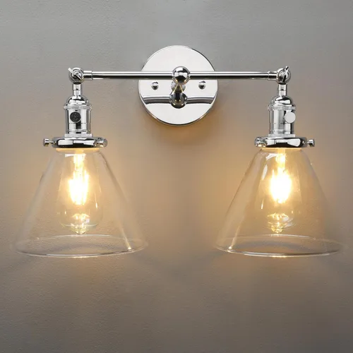 Vista 14 de PERMO Industrial Vintage Slope Pole Wall Mount Single Sconce with 6.7" Oval Dome Clear Glass Shade Antique Gold Wall Sconce Light Fixture