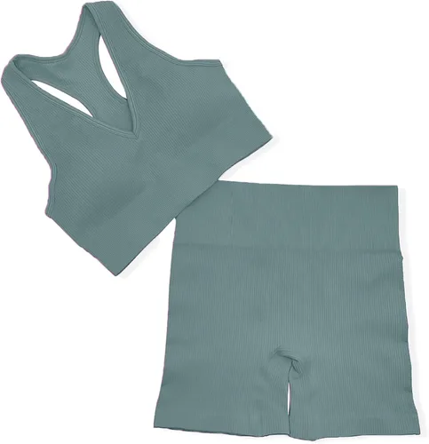 Vista 7 de DADAB Conjuntos de entrenamiento de dos piezas para mujer, ropa de gimnasio, yoga, sin costuras, espalda cruzada, brasier deportivo con pantalones