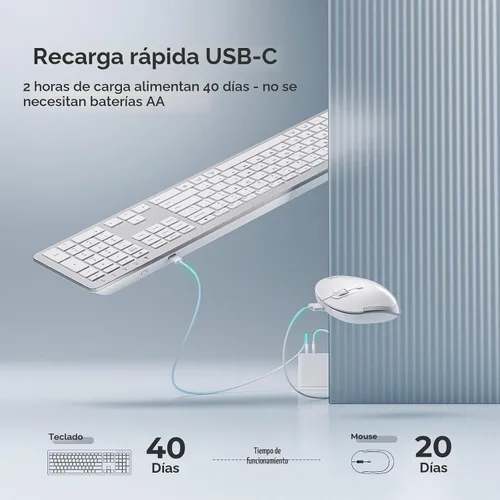 Vista 2 de iClever Teclado y ratón inalámbricos, GK08 Combo de teclado y ratón blanco, ergonómico, silencioso, diseño de tamaño completo con teclado numérico