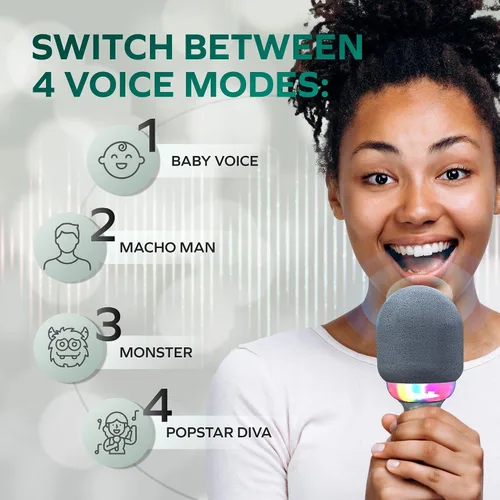 Vista 5 de Coby Micrófono LED para karaoke, micrófono inalámbrico con 5 modos de luz y 4 modos de cambio de voz, altavoz Bluetooth compatible con smartphone