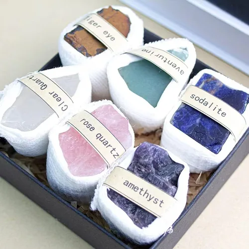 Vista 7 de Caja de piedra original de cristal, muestra de mineral natural, marcador mineral de partículas grandes sin pulir, juego de caja de regalo