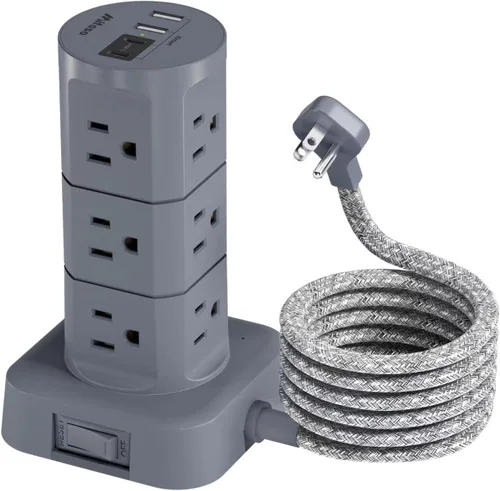Vista 8 de Torre de estación de carga, regletas de alimentación con protección contra sobretensiones, enchufe plano, 12 tomas, 4 puertos USB, cable