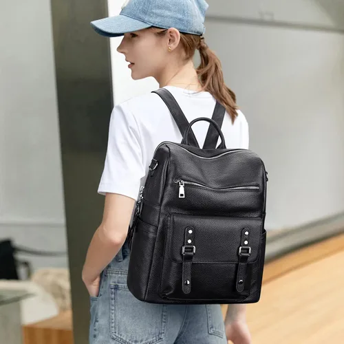 Vista 3 de Over Earth Mochila de cuero para mujer, bolso bandolera de moda para mujer, Negro