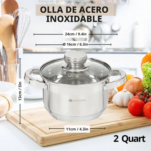 Vista 3 de Daniks Olla Estándar de Acero Inoxidable de 2 Cuartos con Tapa de Vidrio, Fondo Tri-Capa para Calentamiento Uniforme, Compatible con Inducción, Apta