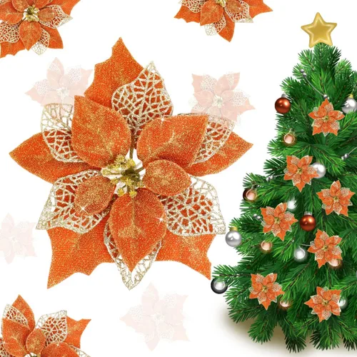Vista 6 de Jim's Cabin Paquete de 12 flores de Pascua artificiales con purpurina para adornos de árbol de Navidad, mariposas y decoraciones doradas (azul)