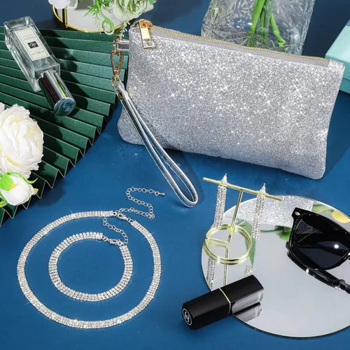 Vista 5 de Sanwuta 4 Pcs Silver Clutch Purses Women Evening Rhinestone Jewelry Set Necklace Earrings Bracelet Prom Christmas Accessories