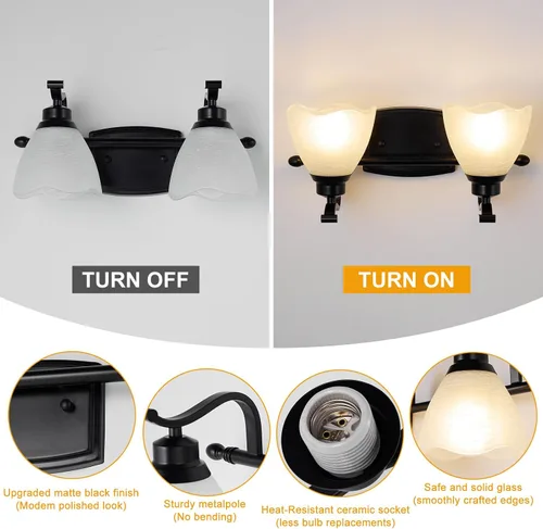 Vista 2 de Lámparas de baño (2 luces, 38 cm), luces de tocador mate negras para baño con pantalla de vidrio esmerilado blanco, luces de pared modernas