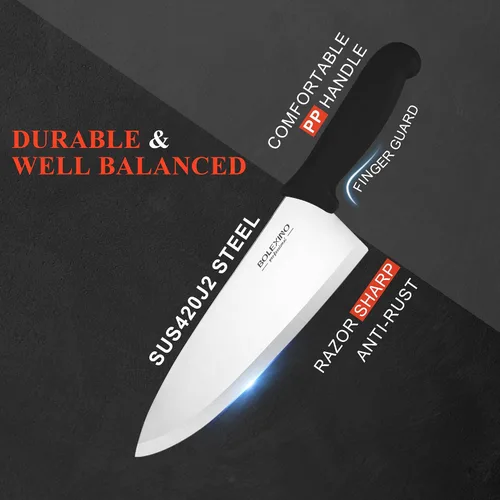 Vista 3 de Cuchillo de chef japonés de acero inoxidable de alto carbono de 8 pulgadas, cuchillo de cocina profesional extra afilado y ancho con mango