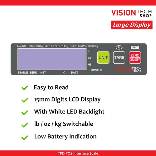 Vista 7 de VisionTechShop TPB-60LB, Báscula de porción de interfaz POS con la mayoría de los sistemas ECR y POS, Lb/Oz/Kg conmutable, capacidad de 60 libras