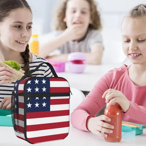 Vista 6 de Lonchera con diseño de bandera estadounidense, bolsas de almuerzo aisladas para mujeres/hombres/niñas/niños, con asa desmontable, bolsa de comida