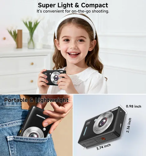 Vista 6 de Cámara digital, 44MP FHD 1080P apunta y dispara, cámara digital con antivibración, pequeña cámara digital con detección facial, tarjeta SD de 32 GB