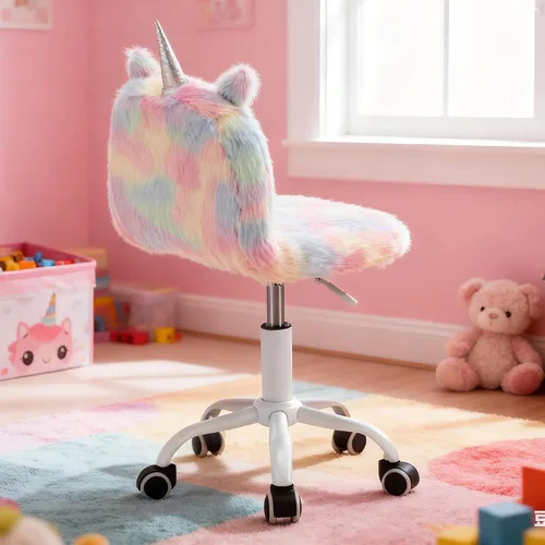 Vista 9 de Silla Linda y Peluda para Niños, Silla Divertida y Giratoria para Escritorio de Estudio, Silla de Tocador Colorida para Niñas, Silla Giratoria