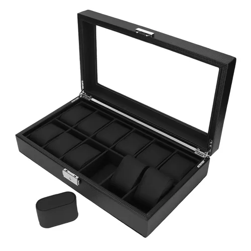 Vista 6 de Gabinetes y estuches con textura de fibra de carbono, cubierta acrílica gruesa para reloj, caja de almacenamiento de reloj, 12 ranuras, organizador
