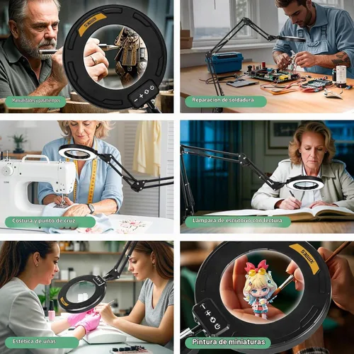 Vista 8 de 12 lupas con luz, lámpara de escritorio LED ultra larga de 3 secciones con brazo oscilante con abrazadera grande, 5 colores y brillo, lupa manos