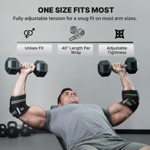 Vista 7 de DMoose Fitness Elbow Wraps for Weightlifting (Pair) - 40'' Adjustable Strap for Gym Workout & Bench Press, Compression Elbow Sleeves for Tendonitis