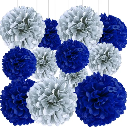 Vista 16 de BRZIKWT 12 pompones de papel de seda de punto ondulado degradado negro y dorado para fiesta, techo, colgar en la pared, decoración de flores