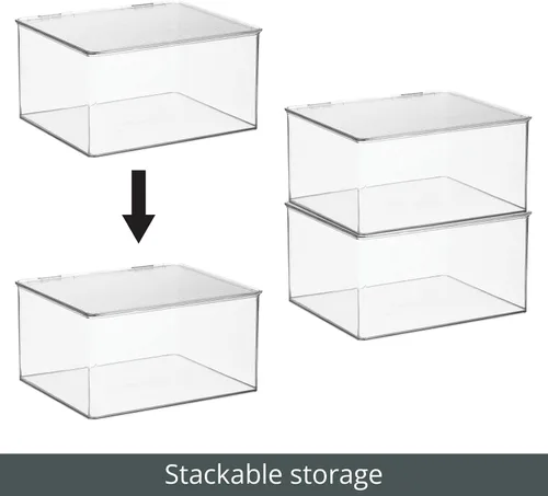 Vista 5 de mDesign Caja apilable de plástico con tapa con bisagras para cocina, despensa, armario, nevera/congelador, caja organizadora ancha para aperitivos