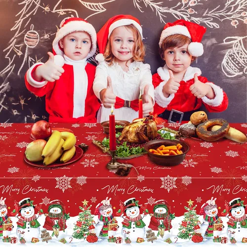 Vista 9 de FunnyPars 3 piezas manteles de muñeco de nieve navideños de plástico, cubierta de mesa de invierno con copos de nieve y árbol de Navidad