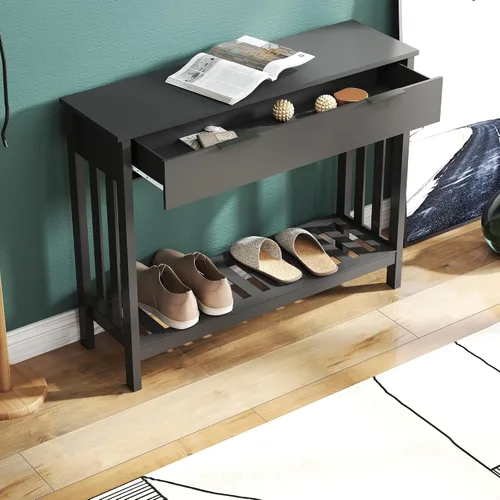 Vista 7 de TaoHFE Mesa de entrada negra con cajón, mesa consola estrecha moderna de madera con almacenamiento, mesa de pasillo, mesas de sofá para sala