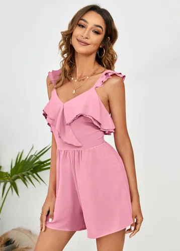 Vista 3 de Srendarky Womens Summer Ruffle Romper V Neck Flutter Sleeve High Waist Casual Short Jumpsuit Playsuit