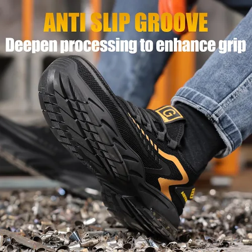 Vista 4 de GLANOUDUN Zapatos con punta de acero para hombre, zapatos de trabajo para hombres, zapatos de seguridad ligeros y cómodos, puntera de acero, zapatos