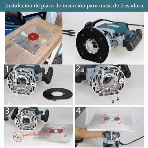Vista 4 de Placa de inserción de mesa de enrutador Placa de aluminio para enrutador de carpintería Placa de montaje de mesa con 2 anillos de 11.811 x 9.252 x