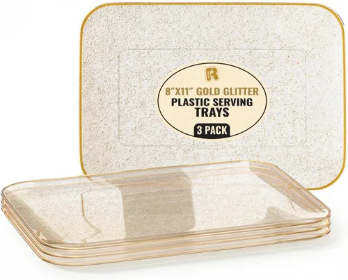 Vista 9 de Paquete de 3 bandejas de plástico negro para servir – Bandeja negra de 8 x 11 pulgadas – Bandejas de postre resistentes para alimentos – Bandejas
