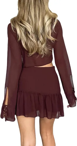 Vista 5 de Conjunto de dos piezas para mujer, camiseta corta con cuello en V y manga larga con volantes y falda de cintura alta de color sólido, ropa de club