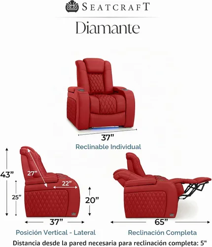 Vista 2 de Seatcraft Asiento de cine en casa Diamante Reclinable Individual Rojo