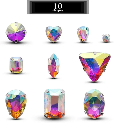 Vista 2 de TANOSII 100 diamantes de imitación para coser con formas mixtas, gemas de cristal para coser en gemas de cristal, parte trasera plana con garra Ab