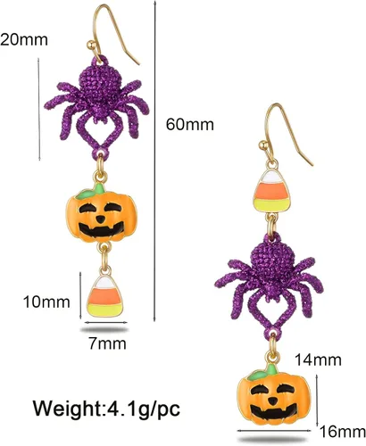Vista 5 de TOVABA - Aretes colgantes de Halloween para niñas, sombrero de bruja morado, araña, araña, araña, araña, araña, araña, colgantes, hipoalergénicos