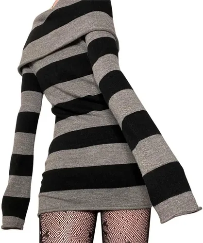 Vista 2 de Vestido corto de punto con hombros descubiertos, manga larga, hombros descubiertos, vestido corto de punto acanalado Y2K