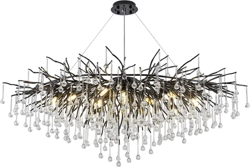 Vista 7 de Candelabro de cristal negro de 23.6 pulgadas, moderno colgante de techo de flores, iluminación colgante de rama de árbol, gota de lluvia, lámpara