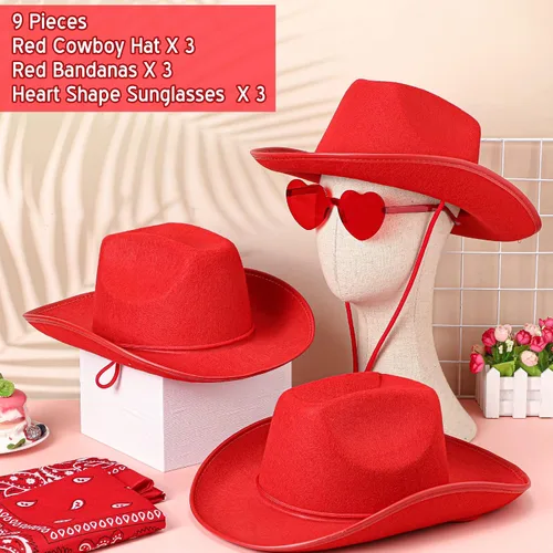 Vista 2 de 9 piezas de sombrero de vaquero para adultos con bandana de vaquero y lentes para disfraz occidental, accesorio de vestir para hombres y mujeres