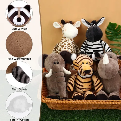 Vista 3 de Elcoho Juego de 8 animales de peluche de safari de 9.8 pulgadas, animales de peluche de zoológico, lindos juguetes de peluche para fiestas temáticas