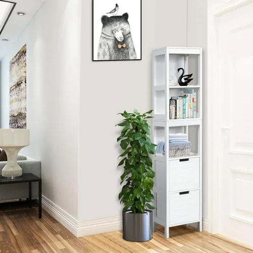 Vista 5 de Tangkula Gabinete de Almacenamiento Alto para Baño, Independiente de 57" de Alto Gabinete de Piso Delgado para Baño con Estantes Abiertos de 3