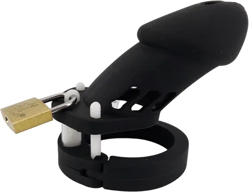 Vista 8 de Dispositivo de castidad masculino de silicona suave con 5 anillos, dispositivo de jaula de castidad masculina de color negro con cerradura y llave