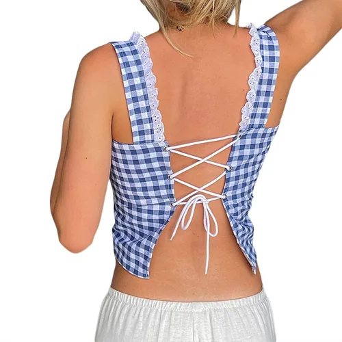 Vista 2 de Camiseta sin mangas Y2K para mujer, con tirantes delgados, ribete de encaje, a cuadros, floral, sin mangas, ombliguera estética de hadas
