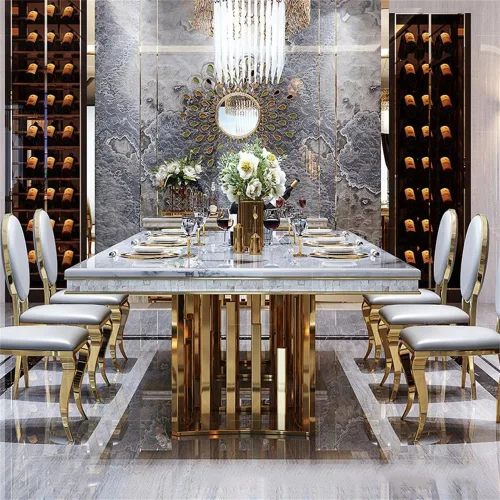 Vista 7 de LAKIQ Mesa de comedor de mármol de estilo lujoso, mesa rectangular moderna para cocina, comedor, mesa de metal dorado, solo sin sillas